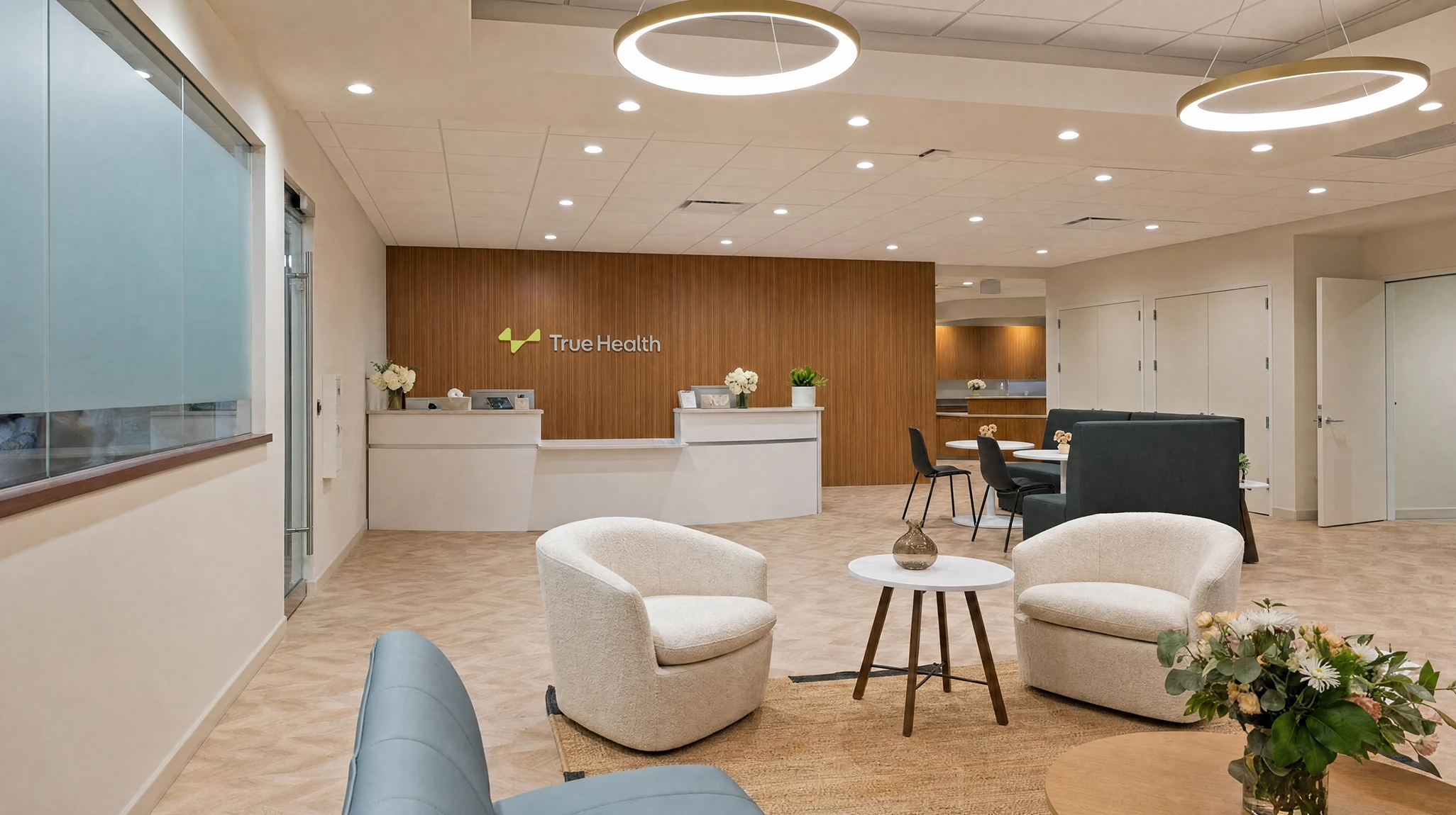 True Health Buffalo Grove office reception and waiting area with warm modern design and comfortable seating